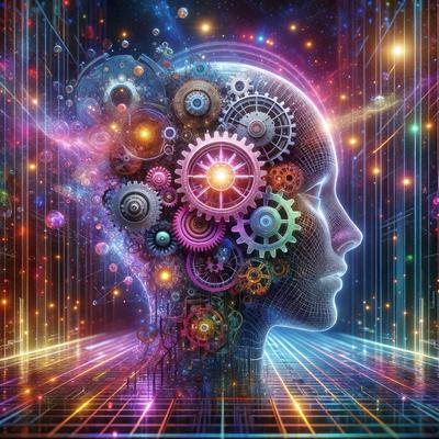 The primary subject of the image is a close-up of a human head, which is the main focus of the image. The setting is a futuristic environment, with the head surrounded by a colorful and vibrant background. The visual style is a combination of digital art and illustration, creating a unique and eye-catching representation of the human head. The colors and mood of the image are lively and energetic, with a strong emphasis on the vibrant colors of the background.